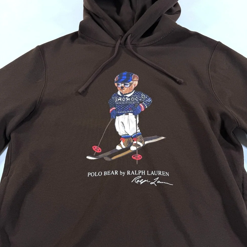 Polo Ralph Lauren Hoodie Sweatshirt Mens M Brown Ski Bear Brown Pockets‎ Hooded